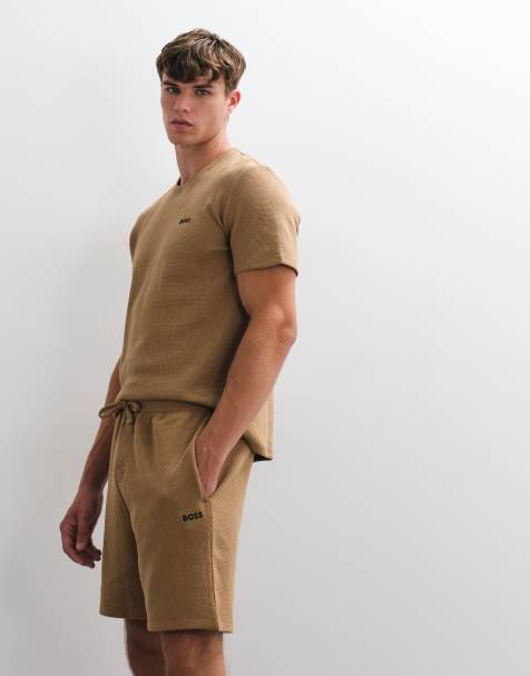 BOSS Bodywear co-ord vaffelshorts med logoprint i mellembeige - view 1