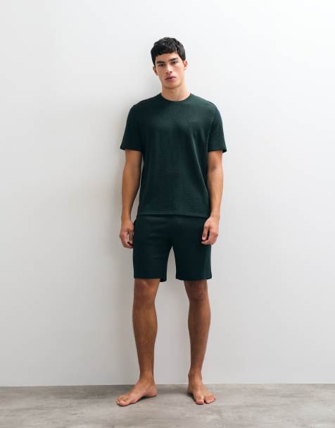 Boss Bodywear co-ord waffle lounge shorts in dark green - view 1