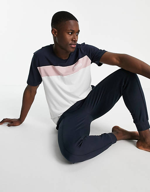  BOSS Bodywear colour block t-shirt in navy/ pink 