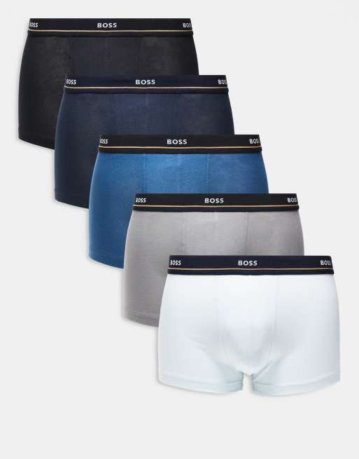 BOSS - Bodywear - Essentials - Set van 5 boxershorts in marineblauw, grijs en blauw