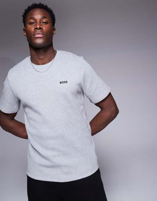 BOSS Bodywear - Grå t-shirt med logo og vaffelstruktur i Regular Fit