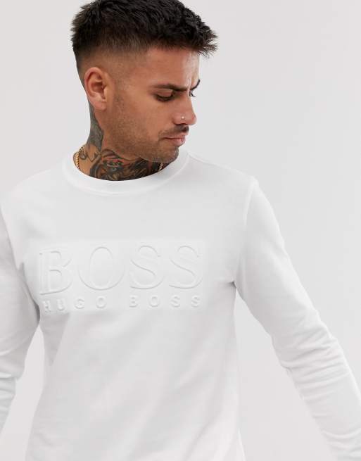BOSS bodywear Heritage debossed logo crew neck sweat in white