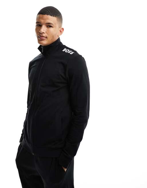 BOSS Bodywear – Jacke in Schwarz mit Logoprint und Reißverschluss