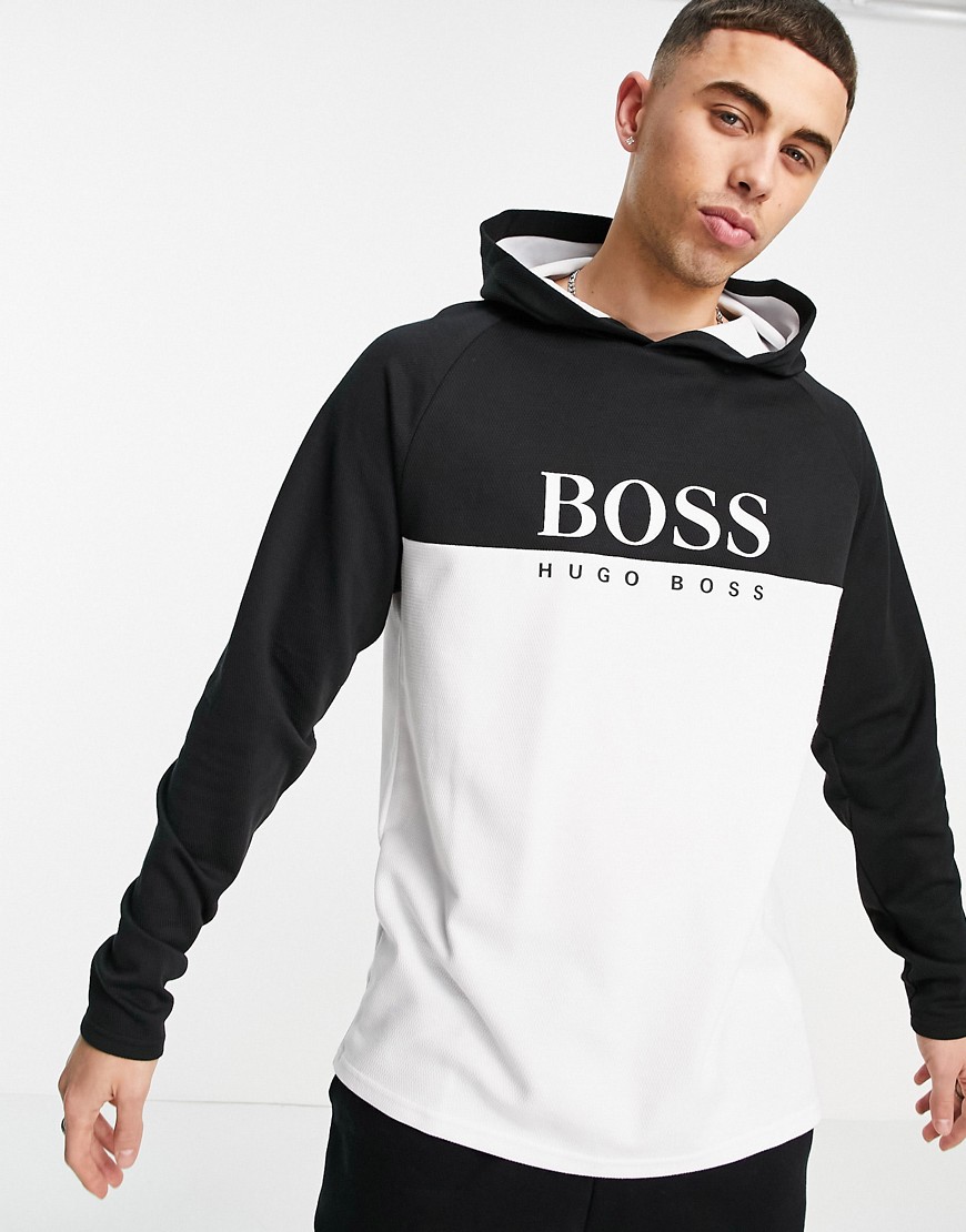 BOSS Bodywear jacquard chest logo hoodie in black and white