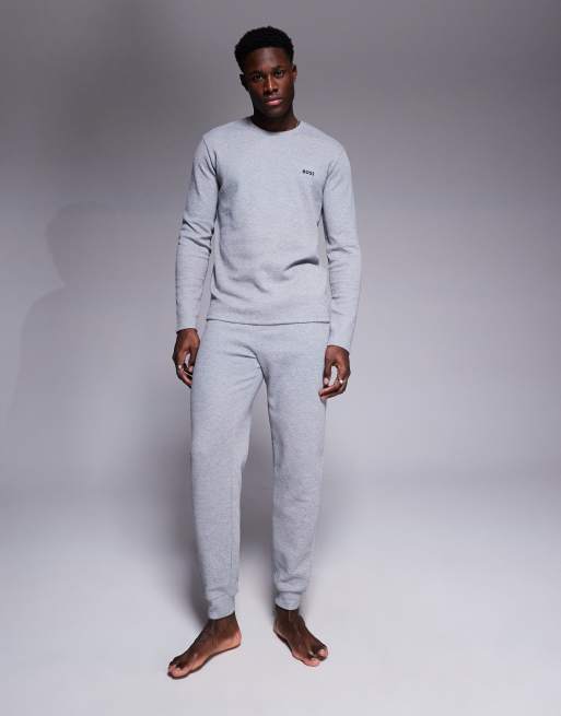 BOSS Bodywear - Joggers grigi lavorati a nido d'ape con logo e fondo elasticizzato in coordinato