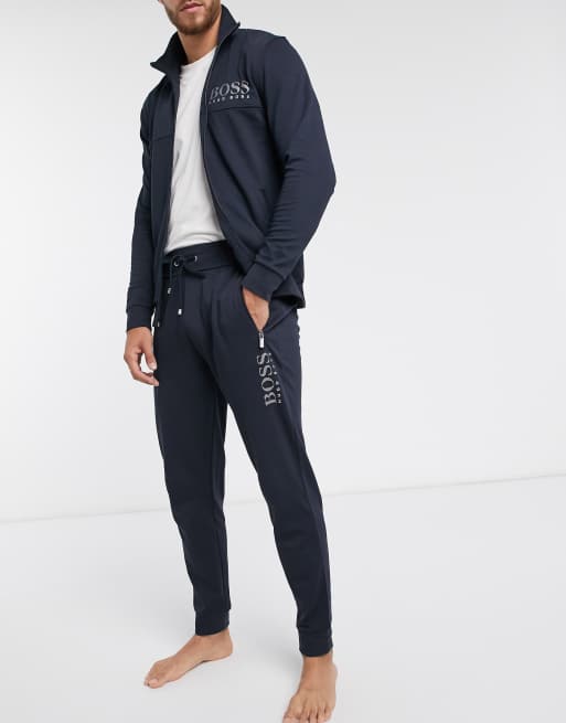 BOSS bodywear logo cuffed joggers with metallic branding in navy