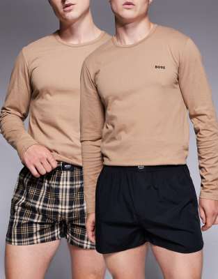 BOSS Bodywear - Lot de 2 caleçons tissés fini peau de pêche unis et à carreaux - Noir