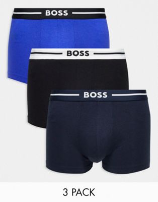 Boss Bodywear bold 3 pack trunks in black, blue and navy - ASOS Price Checker