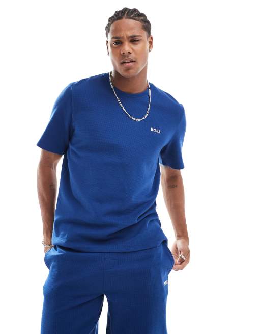 BOSS Bodywear – Niebieski T-shirt z materiału o waflowej fakturze