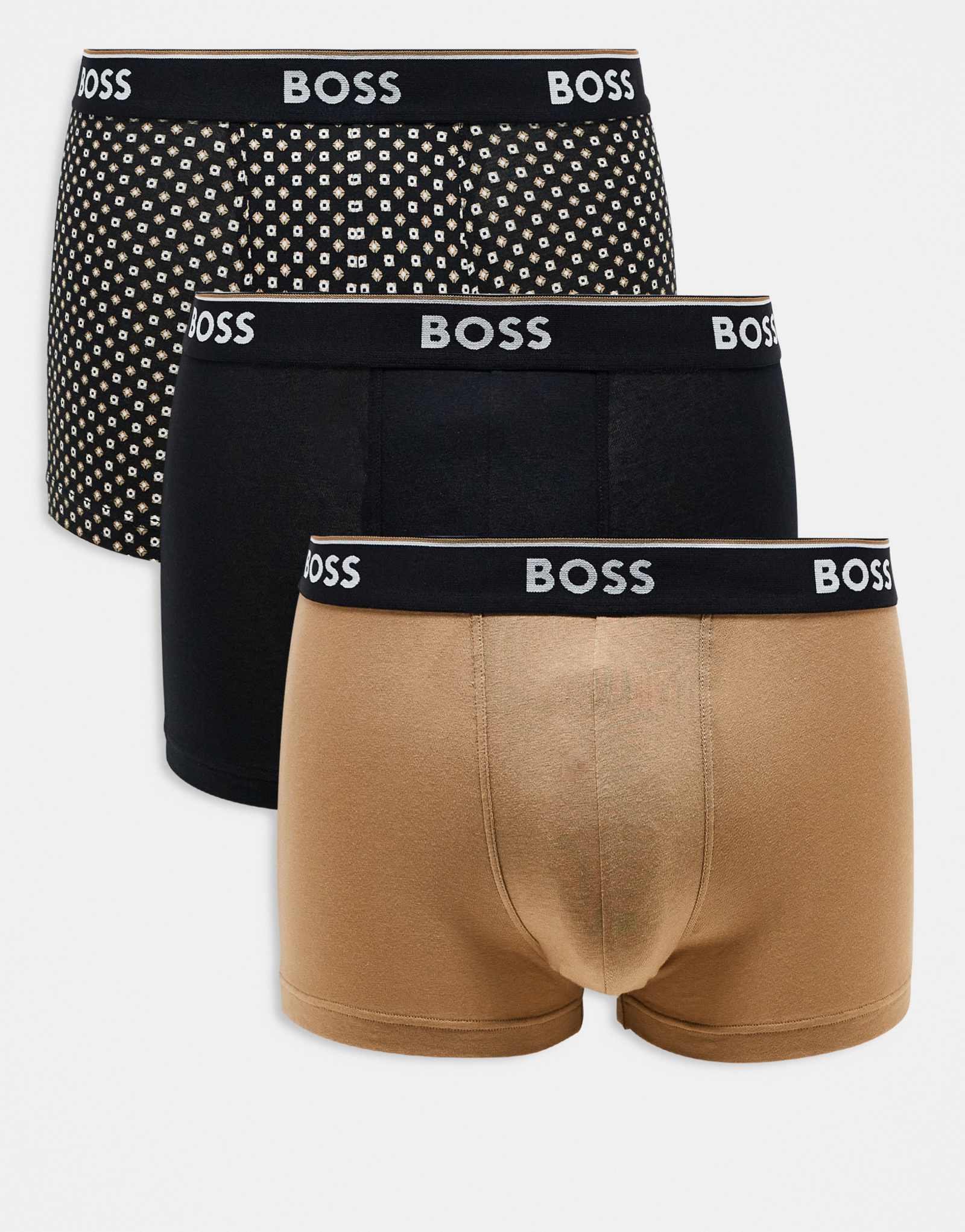 Однотонные трусы BOSS Bodywear Power 3 pack с логотипом на поясе и принтом черного/коричневого цвета