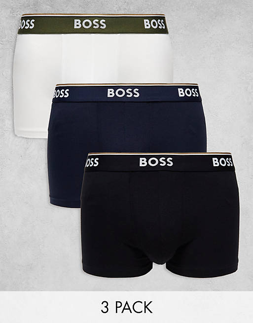Boss Bodywear power 3 pack trunks in white, navy and black | ASOS