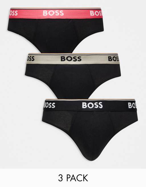 BOSS Bodywear - Power - Confezione da 3 slip neri con fascia in vita colorata