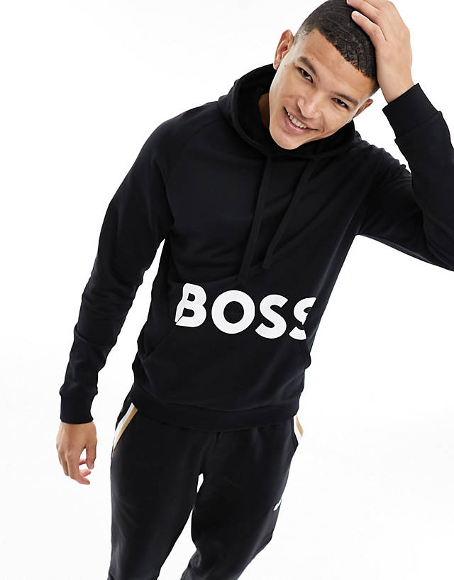 BOSS Bodywear - print logo hooded sweatshirt in black