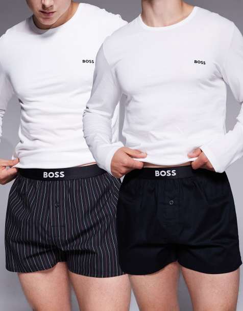 BOSS - Bodywear - Set van 2 gestreepte en effen geweven boxershorts met logo op de tailleband in paars/zwart - view 1