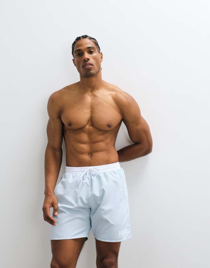 BOSS Bodywear Starfish - Shorts de baño azul claro con logo estampado