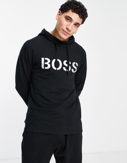 BOSS – Bodywear – Svart, mysig huvtröja i oversize med silverfärgad logga 