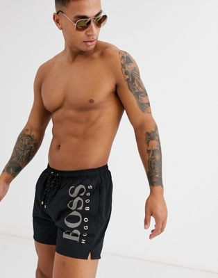 BOSS Bodywear – Svarta badshorts med logga i metallic