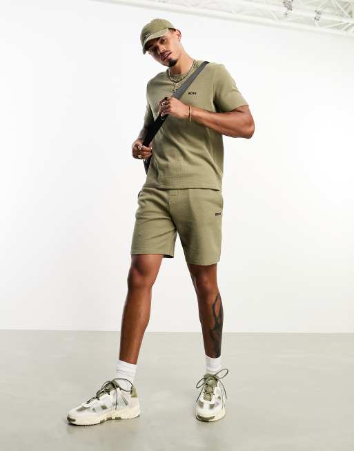 BOSS Bodywear – Szorty w kolorze khaki o waflowej teksturze z logo