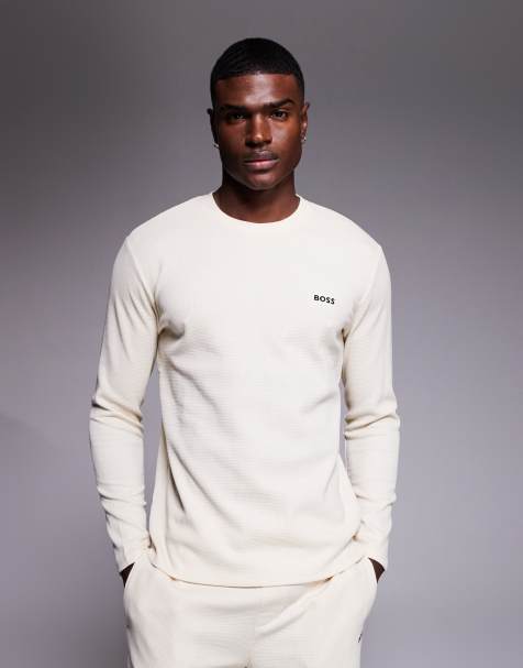 BOSS Bodywear - T-shirt da casa a maniche lunghe a nido d'ape color panna in coordinato - view 1