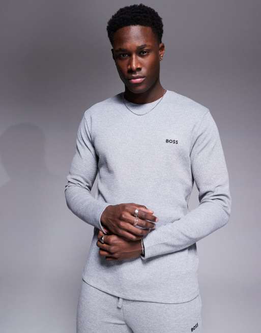 BOSS Bodywear - T-shirt d'ensemble standard en tissu gaufré avec manches longues et logo - Gris