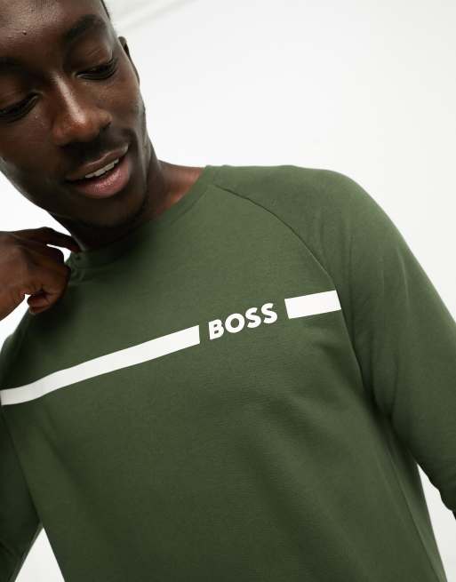 BOSS Bodywear tape sweatshirt in khaki, 3 of 4