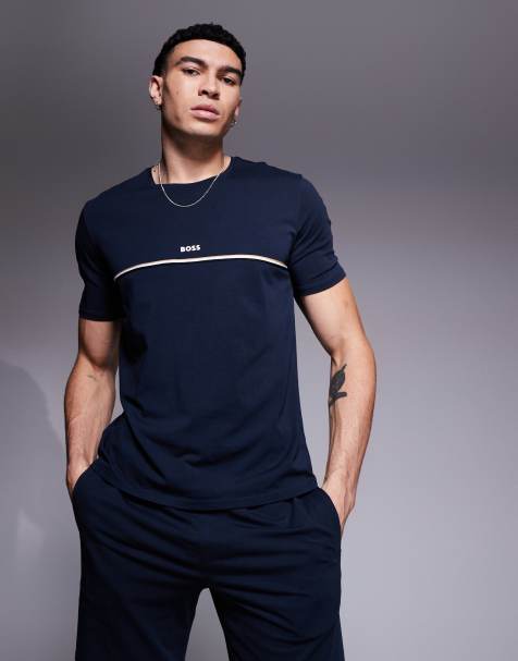 BOSS Bodywear – Unique – Granatowy T-shirt o regularnym kroju z paskiem i logo - view 1