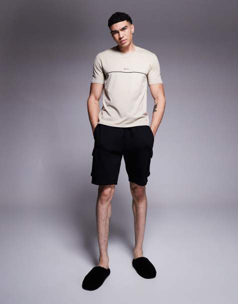 BOSS Bodywear Unique stripe logo t-shirt regular fit in light beige - view 1