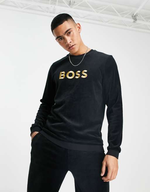 BOSS Bodywear velour lounge sweatshirt in black | ASOS