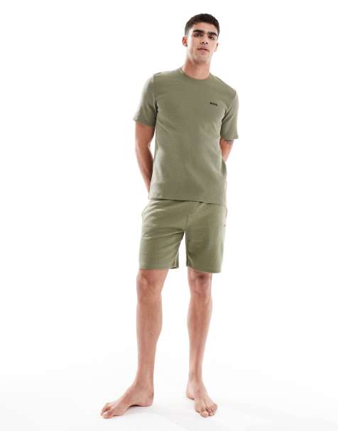 Boss Bodywear waffle co-ord t-shirt and shorts in green - view 1