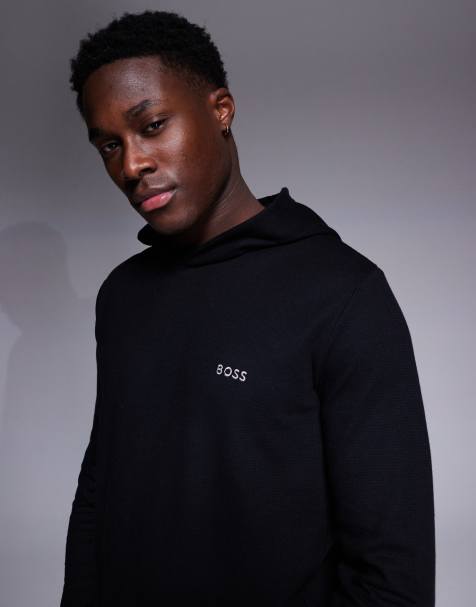 BOSS Bodywear Waffle logo long sleeve hooded t-shirt regular fit in black co-ord - view 1