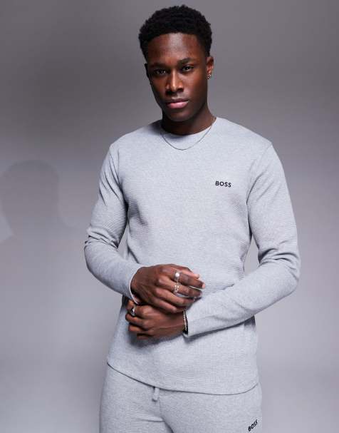 BOSS Bodywear Waffle logo long sleeve t-shirt regular fit in gray - part of a set - view 1