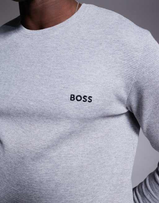 BOSS Bodywear waffle logo long sleeve t-shirt regular fit in grey