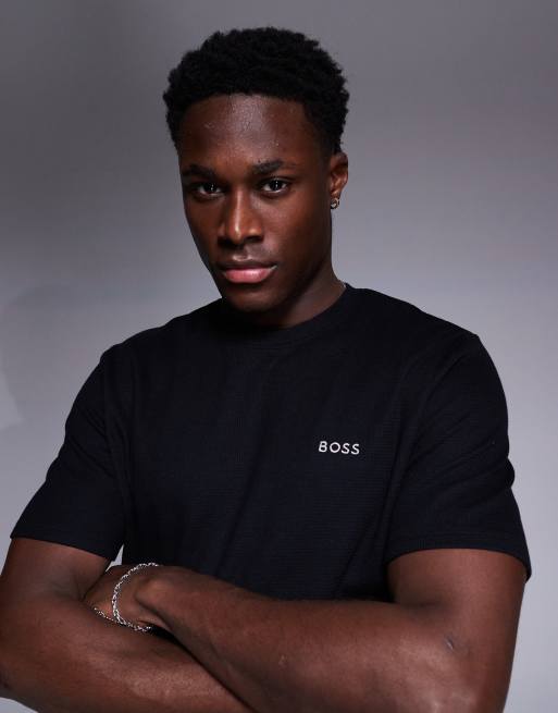 BOSS Bodywear Waffle logo t-shirt regular fit in black, 3 of 4