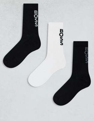 BOSS Bodywear – Zestaw 3 par prążkowanych skarpetek z domieszką bambusa z logo w kolorach czarnym, białym i granatowym - view 1