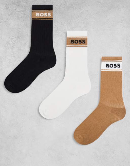 BOSS Bodywear – Zestaw 3 par skarpetek w kolorach czarny, białym i brązowym