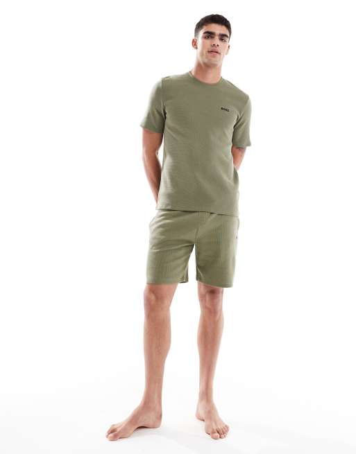 BOSS Bodywear – Zielony zestaw o waflowej teksturze z T-shirtem i szortami