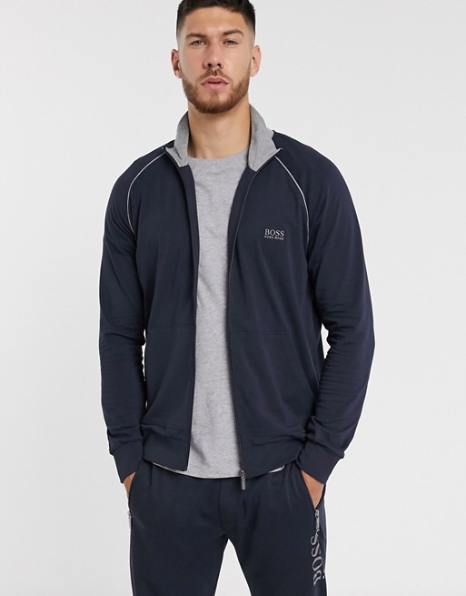 BOSS bodywear zip through jacket with contrast collar in navy