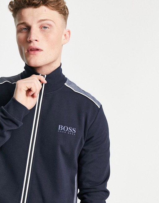 BOSS Bodywear zip through sweat jacket with contrast panels in navy