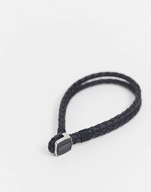 Men Boss braided leather bracelet in black with metal clasp 