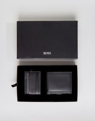 BOSS by Hugo Boss Cow Leather Wallet and Credit Card Holder Gift Set in Black