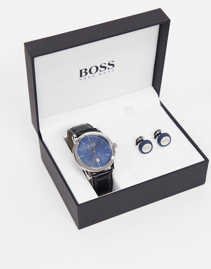 Boss - Cadeauset met leren horloge en manchetknopen-Marineblauw