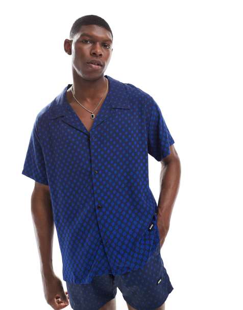 Boss - Camicia a maniche corte blu con motivo stampato in coordinato - view 1