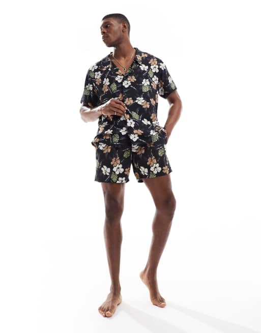 BOSS - Camicia a maniche corte nera a fiori in coordinato