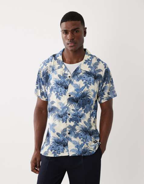 Boss - Chemise d'ensemble avec col à revers et imprimé feuilles sur l'ensemble - Crème et bleu - view 1