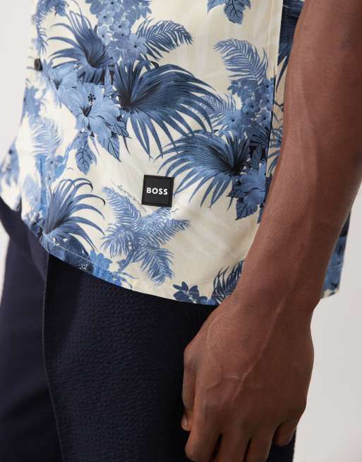 Boss - Chemise d'ensemble avec col à revers et imprimé feuilles sur l'ensemble - Crème et bleu, 3 de 5