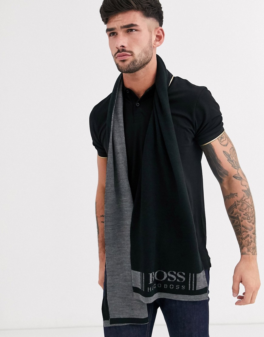 BOSS - Ciny - Sciarpa nera in misto lana con logo-Nero