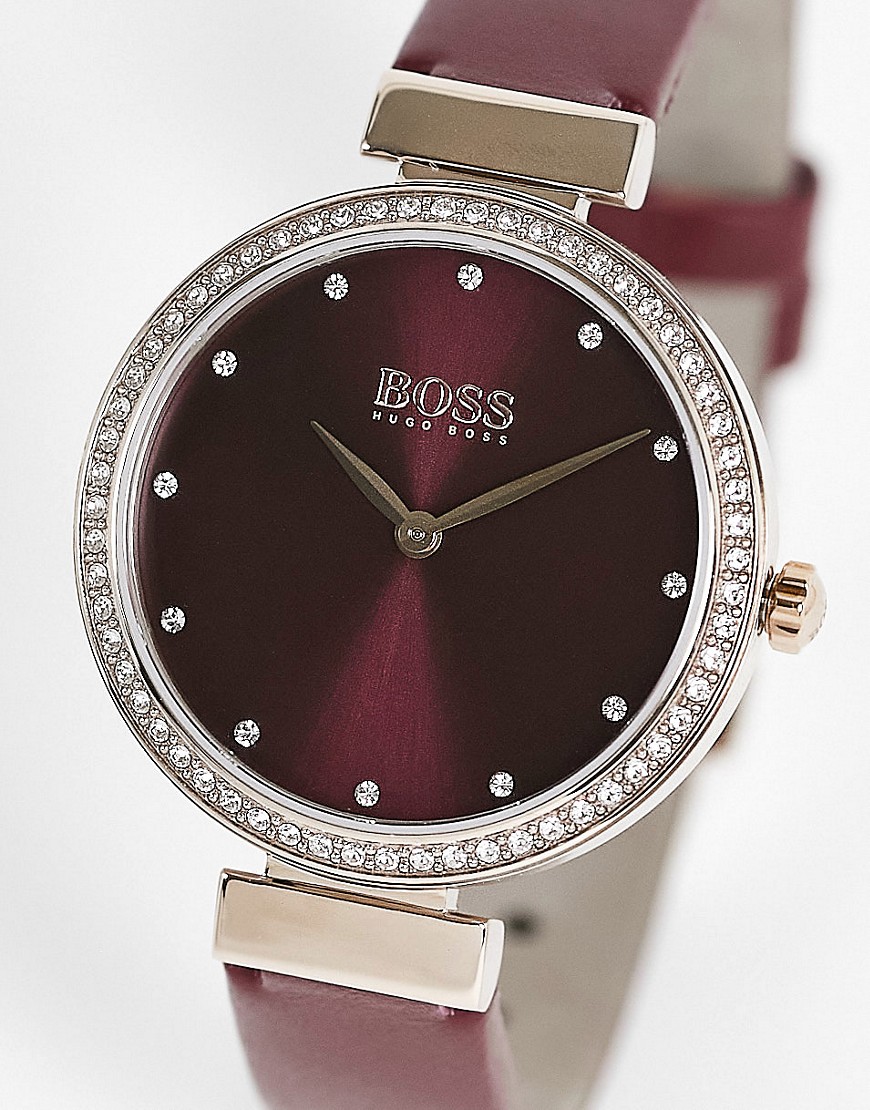 Hugo Boss Classic Watch With Crystal Detail And Real Leather Strap In Burgundy-red