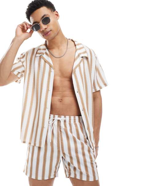 Boss co-ord striped short sleeve shirt in beige and white - view 1