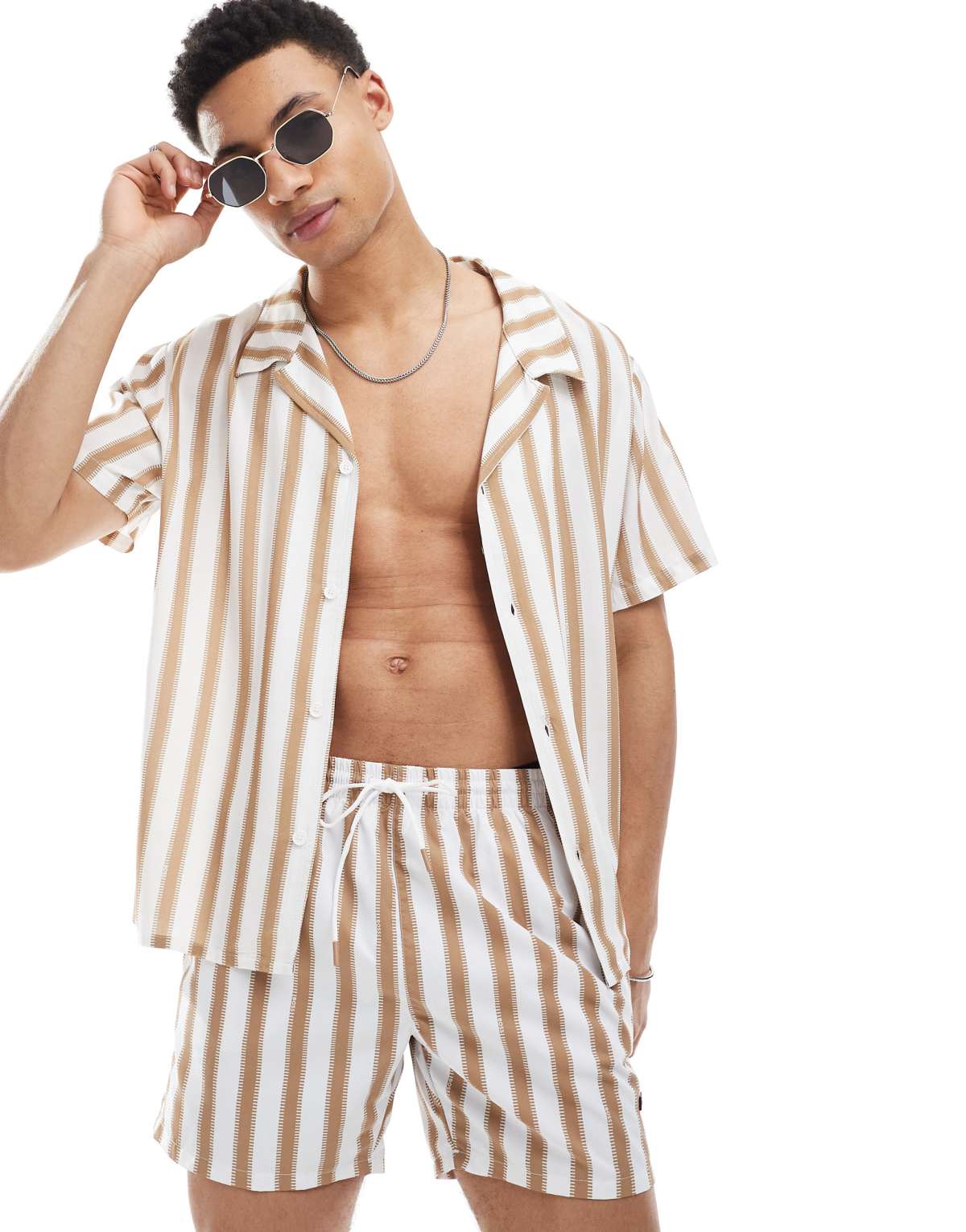 Boss co-ord striped short sleeve shirt in beige and white
