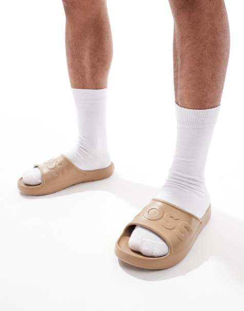 BOSS Dario embossed logo moulded sliders in tan - view 1